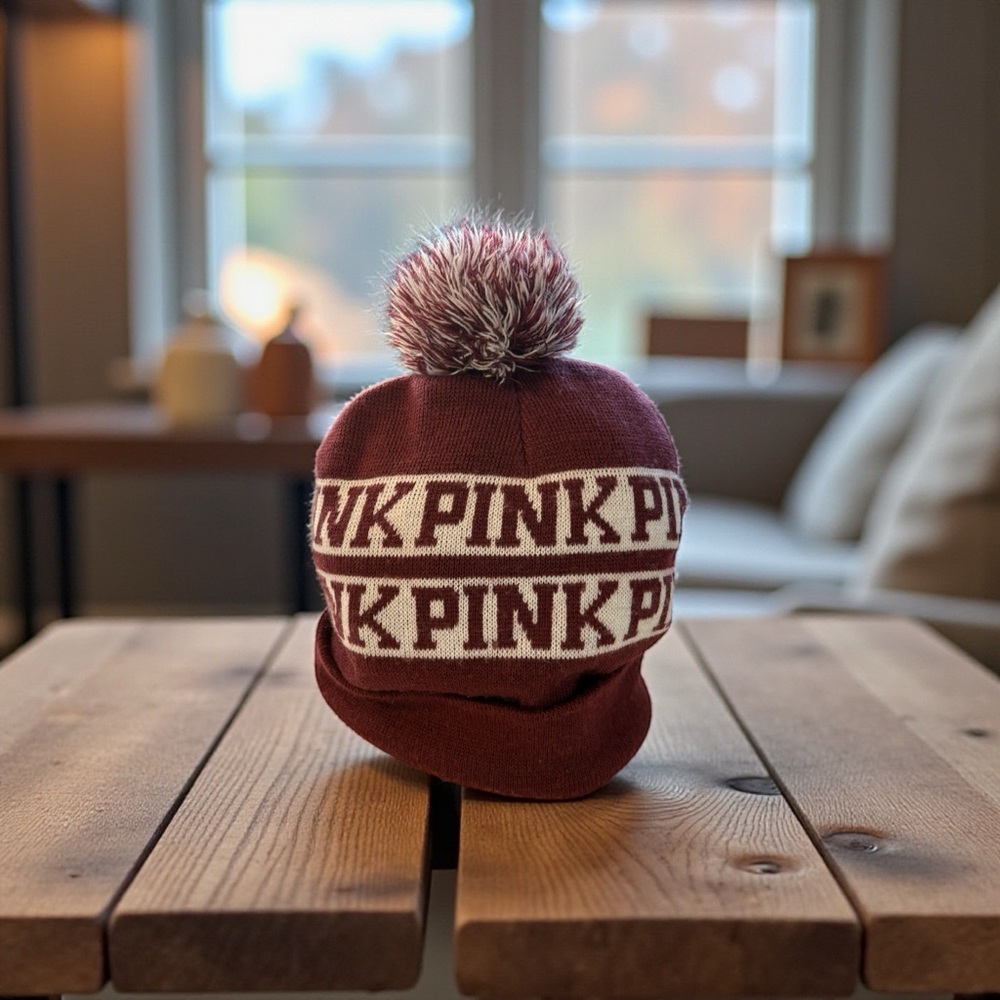 PINK Victoria’s Secret Burgundy Pom Pom Beanie Cozy Winter Toboggan Hat